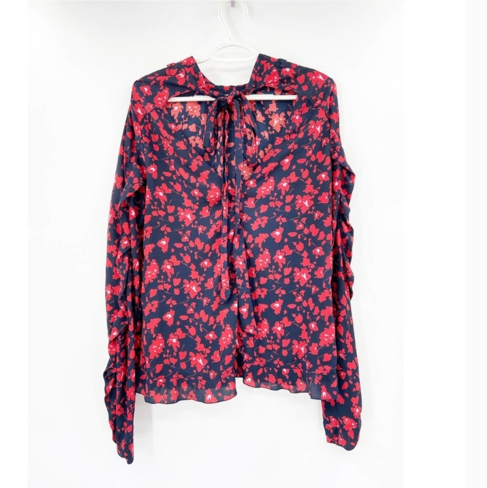 Derek Lam Collective Black Red Floral Print Long Sleeve Open Back Tie Neck Top